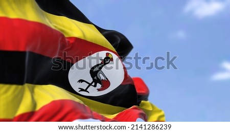 Detail of the national flag of Uganda waving in the wind on a clear day. Uganda s a landlocked country in East Africa. Selective focus. 商業照片 © 