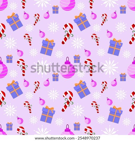 Cute seamless of violet gift box with ted candy cane pink ball on white with snowflake and starburst on pink or red wallpaper and vector background. Christmas and new year holiday concept