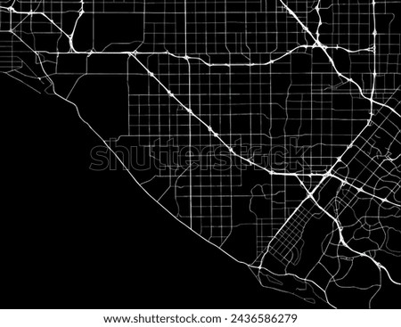 Vector city map of Huntington Beach California in the United States of America with white roads isolated on a black background.