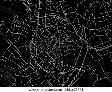 Vector city map of Mechelen Centrum in Belgium with white roads isolated on a black background.