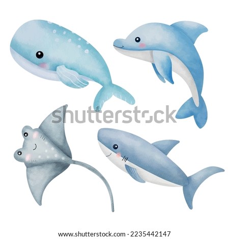 Ocean Underwater Cute Watercolor Animals Clipart