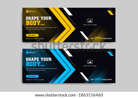 Fitness training center offer promotion social media banner template. Creative business marketing web banner or post for gym. Digital body and health cover design with geometric shape for online.