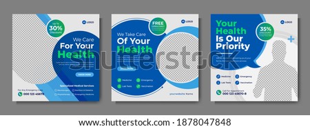 Professional medical healthcare service social media post template design. Clinic or hospital digital marketing flyer for web. Creative health business promotion banner for doctor, dentist with logo.
