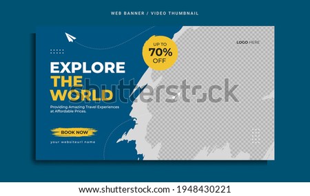 Professional travel agency web banner or video thumbnail template design. Travelling business promotion banner with agency logo and icon. Online digital marketing video cover for summer beach holiday.