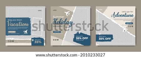  Holiday travel social media banner template design. Travelling, tour or tourism business online marketing web post or poster. Summer beach traveling flyer with logo, icon, abstract vector background.