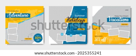 Travel business promotion web banner template design for social media. Travelling, tourism or summer holiday tour online marketing flyer, post or poster with abstract graphic background and logo.