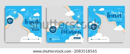 Travel agency travelling business marketing social media banner post template design with abstract background, logo and icon. Tourism, summer holiday or traveling sale promotion flyer and poster.