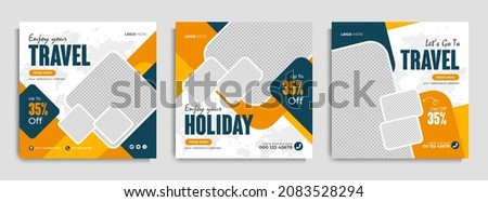 Travel sale business marketing social media banner post template design with abstract background, logo and icon. Traveling or travelling and summer beach holiday promotion flyer or web poster.