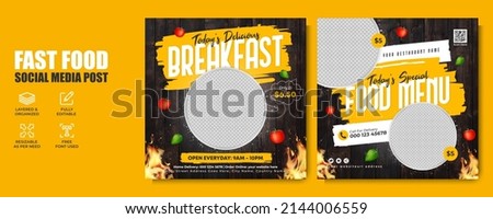Fast food restaurant business marketing social media banner post template with abstract background, logo and icon. Healthy burger and pizza online sale promotion flyer. Food brand digital web poster.