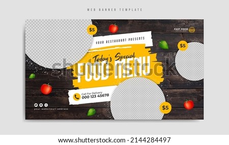 Food menu and restaurant social media marketing web banner template. Healthy fast food business website background. Pizza or burger online sale promotion flyer with logo and icon. Food video thumbnail