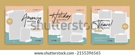 Travel sale social media post template. Summer beach holiday promotion flyer with agency logo and icon. Traveling business marketing poster. Travelling web banner with abstract digital background.