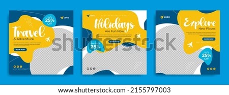 Social media post template for travel and tour business promotion with agency logo and icon. Summer beach holiday web banner with abstract background. Traveling sale poster. Online marketing flyer. 