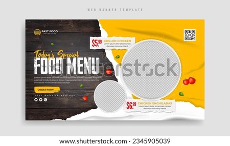 Fast food menu or restaurant business social media marketing web banner template. Pizza or burger sale promotion video thumbnail design with wood background. Food or drink website cover post or flyer.