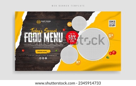 Fast food restaurant menu or business marketing social media web banner template. Food or drink website cover post or flyer. Pizza or burger sale promotion video thumbnail design with wood background.