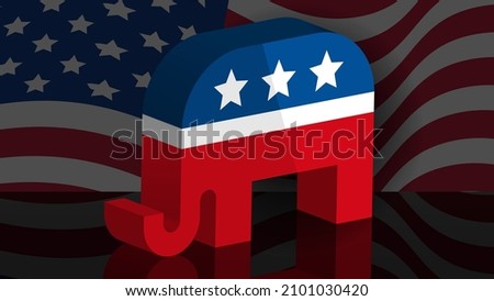 An elephant in silhouette with an American flag in the background republican political mascot