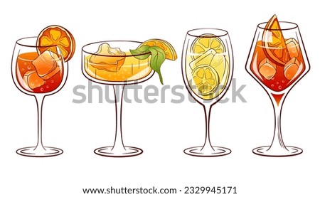 Alcoholic summer cocktail collection aperol, limoncello, hugo, campari spritz. Set of alcoholic cocktails. Vector illustration isolated on a white background.