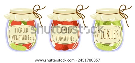 Pickled vegetables set in flat style. Canned cucumber, tomatoes, garlic with labels. Seasonal marinate food. Vector illustration isolated on a white background.