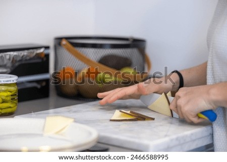 Similar – Image, Stock Photo Smiling woman cutting cheese for salad in kitchen