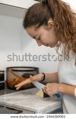 Similar – Image, Stock Photo Smiling woman cutting cheese for salad in kitchen