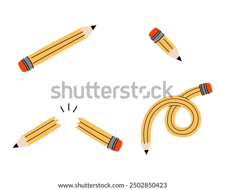 A set of different yellow pencils. Small, broken, bended, knotted. Back to school elements. Fun art supplies.