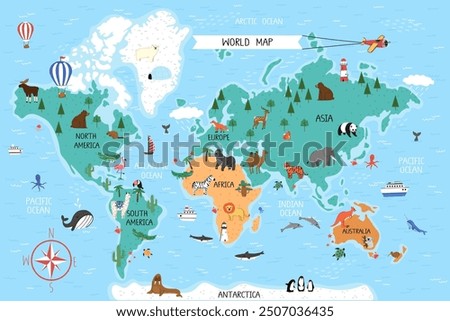 Fun world map with continents, animals, ships, hot air balloons and airplane.