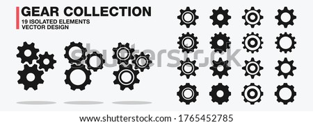 Gears and cogwheel  vector collection icon set – Isolated and group black cog wheels symbol – Setting gears, glyph, outline and filled sign – Flat design illustration