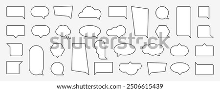 Outlined blank cartoon bubble speech elements set. Empty comics cloud sign collection. Thinking, speaking, talking balloon icon concept. Black and white style and shape. Isolated vector illustration.