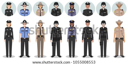 Police people concept. Set of different detailed illustration and avatars icons of SWAT officer, policeman, policewoman and sheriff in flat style on white background. Vector illustration.