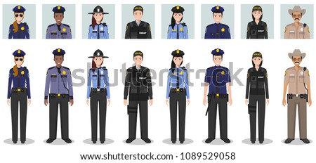 Police people concept. Set of different detailed illustration and avatars icons of SWAT officer, policeman, policewoman and sheriff in flat style on white background. Vector illustration.