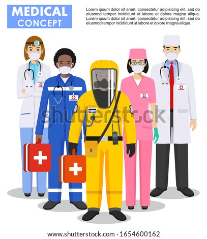 Medical concept. Detailed illustration of doctor and nurses in protective suit and mask in flat style. Dangerous profession. Virus, infection, epidemic, quarantine. Vector illustration.