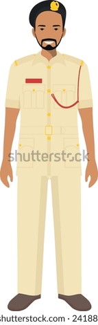 Standing Muslim Arabian Policeman Officer in Traditional Uniform Character Icon in Flat Style. Vector Illustration