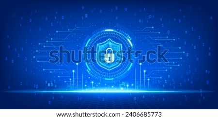 cyber security technology network protection data privacy abstract blue color speed internet technology concept background, security protection shield, binary number system on background