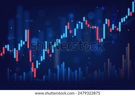 stock market candlestick chart pattern design on blue background, business financial growth