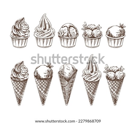 A hand-drawn sketch of a waffle cones and ice cream balls, frozen yoghurt or cupcakes in cups. Vintage illustration. Set. Element for the design of labels, packaging and postcards.