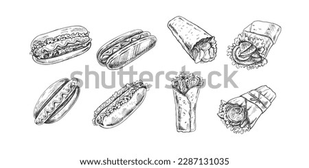 Hot dogs and burritos set. Hand drawn sketch of different hot dogs and  and burritos. Fast food retro vector illustrations collection isolated on white background. Vintage illustration. Element for th