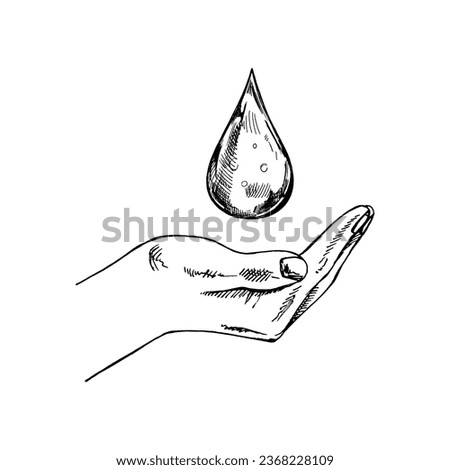 Hand-drawn black-and-white sketch of a drop of water in empty open hand. Eco, ecology care, saving the nature. Doodle vector illustration. Vintage.