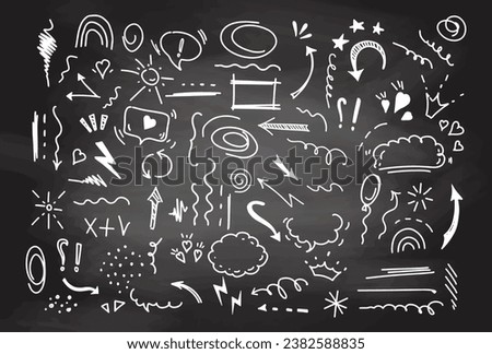 Simple sketch line style elements. Doodle cute ink  pen line elements isolated on chalkboard background. Doodle arrow, heart, star, sparkle decoration symbol, icon set. Vector illustration.