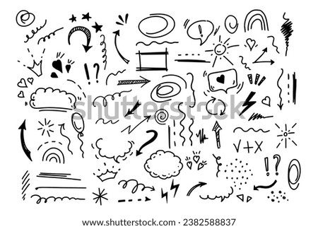 Simple sketch line style elements. Doodle cute ink  pen line elements isolated on white background. Doodle arrow, heart, star, sparkle decoration symbol, icon set. Vector illustration.