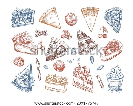 Hand-drawn vintage set of traditional cakes, tarts and pies sketch. Sweet bakery, fruit, berries. Top view. Vector collection of ink baking illustration. Food for Thanksgiving, Christmas.