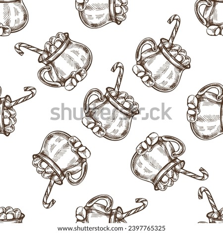 Seamless pattern of hand-drawn hot drink with marshmallows and candy cane in a mug. Hot chocolate, cocoa. Vector food drawing. Traditional Christmas dessert. Vintage cozy  holidays inn sketch style.