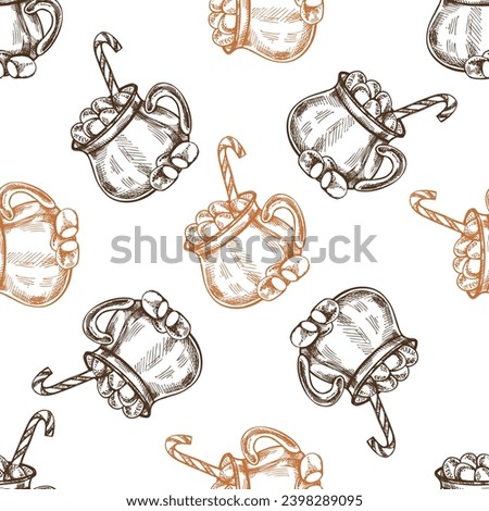 Seamless pattern of hand-drawn hot drink with marshmallows and candy cane in a mug. Hot chocolate, cocoa. Vector food drawing. Traditional Christmas dessert. Vintage cozy holidays inn sketch style.