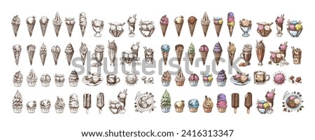 Big hand-drawn colored and monochrome sketch of ice cream or frozen yoghurt in cups and cones, milkshakes, ice cream on a stick, cupcakes, cookies. Vintage illustration. Set.	