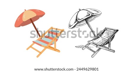 Cute hand drawn beach chair with beach umbrella. Flat and outline vector illustration isolated on white background. Doodle drawing