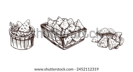 Hand-drawn sketch of nachos in a glass bowl, bowl with guacamole, nachos and parsley leaves with a handful of nachos. Vintage drawing of nachos. Mexican food, cuisine. 