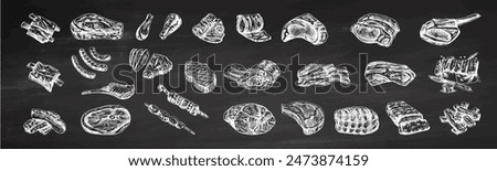 Set of hand-drawn sketches of different types of meat, steaks, chicken, kebabs, bacon, tenderloin, pork, beef, ham, barbecue. Vintage illustration on white background. 