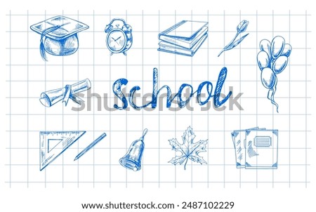 Back to School, hand drawn school supplies - big sketch set. Doodle lettering and school object collection. Education Concept. Vintage sketch element.  Vector illustration. Back to School.