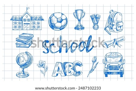 Back to School, hand drawn school supplies - big sketch set. Doodle lettering and school object collection. Education Concept. Vintage sketch element.  Vector illustration. Back to School.