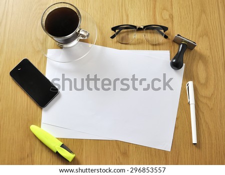 Blank office desk background with copy space for your text. Top view. Business and office supplies