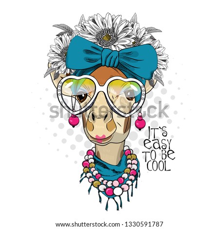 Pretty giraffe with turban and earrings, glasses, necklace, flowers, green headband and  scarf. Hand drawn illustration of dressed camelopard.  Vector illustration.