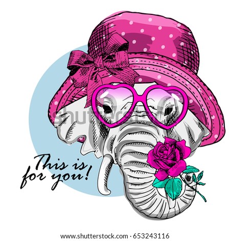 Vector elephant with pink glasses, hat and rose. Hand drawn illustration of dressed elephant. 